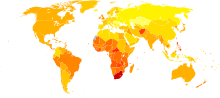 På verdenskortet er Europa gult, det meste af Nord- og Sydamerika er orange og Sydafrika er mørkerødt