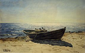 Fischerboot am Strand, Aquarell