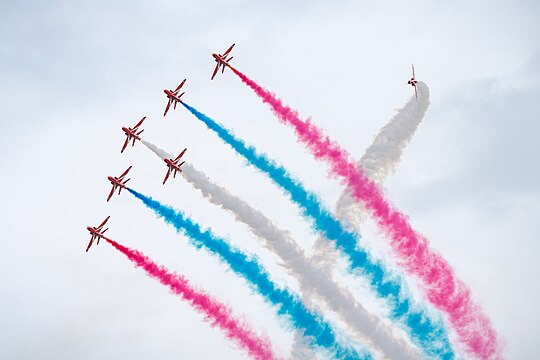 Red Arrows in formation flight at the Royal International Air Tattoo 2023.