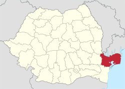 Administrative map of Romania with Tulcea county highlighted