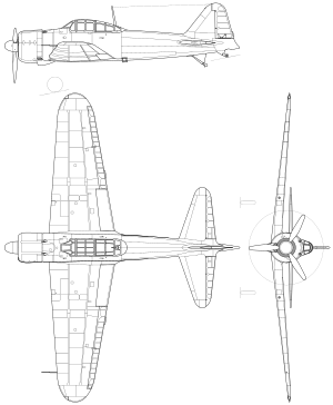 Diagram proyeksi ortografi Mitsubishi A6M Zero