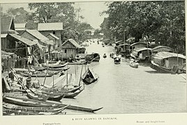 Maisons sur pilotis, maisons flottantes et bateaux en 1905 à Bangkok