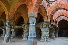 Arches and columns in the interior of Adina Mosque. The elevated platform was the royal gallery where the Sultan prayed.