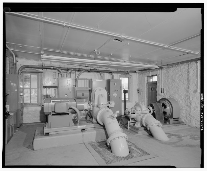 File:Pump house, interior view of pump room, looking northwest - Dauphin Water Works, Southeast corner of Susquehanna and Canal Streets at Stony Creek, Dauphin, Dauphin County, PA HAER PA,22-DAUP.V,1-8.tif