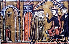 13th-century miniature of King Baldwin II granting the Al Aqsa Mosque to Hugues de Payens