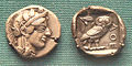 Image 29Early Athenian coin, depicting the head of Athena on the obverse and her owl on the reverse – 5th century BC. (from Ancient Greece)