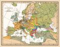 Le Projet grec de Catherine II de Russie au détriment de l'Empire ottoman : en rouge l'« Empire néobyzantin » de son petit-fils Constantin, en bleu le « Royaume de Dacie » de Grigori Potemkine, en jaune les compensations pour l'Empire des Habsbourg et en bleu-vert celles de Venise.