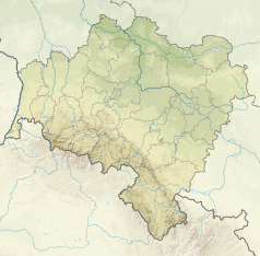 Mapa konturowa województwa dolnośląskiego, u góry nieco na prawo znajduje się punkt z opisem „ujście”