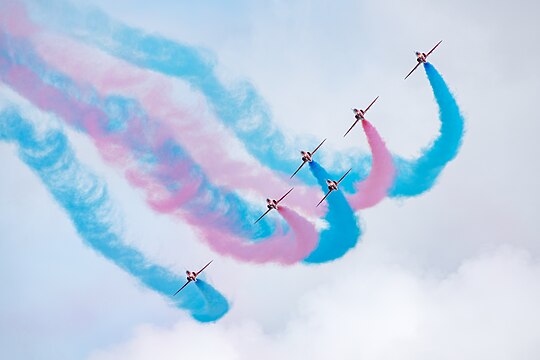 Red Arrows in formation flight at the Royal International Air Tattoo 2023.