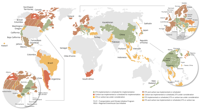 Carbon taxes and emission trading worldwide