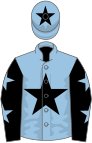 Light blue, black star, black sleeves, light blue stars, light blue cap, black star