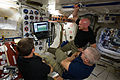 World Cup fans: Reid Wiseman, Steve Swanson and Alexander Gerst take a break to watch ten minutes of live World Cup matches between science experiments aboard ISS, (17 June 2014)