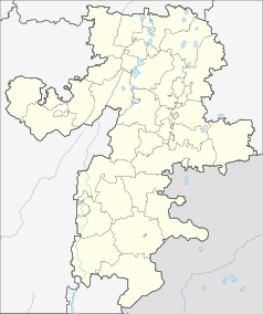Mapa konturowa obwodu czelabińskiego, u góry nieco na prawo znajduje się punkt z opisem „Czelabińsk”