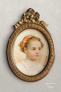 Oval portrait miniature of girl oil painting by Valentine Manchon Duchesne - with scale