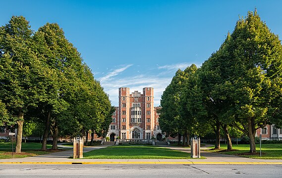 Cary Quadrangle at Purdue University in the summer of 2016 with Spitzer court in the foreground.