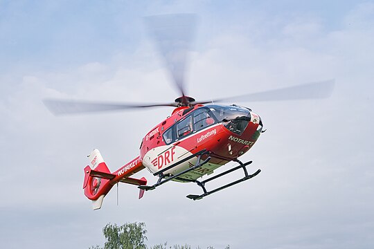 DRF Luftrettung Eurocopter EC135 P2 "Christoph 44" air ambulance helicopter (reg. D-HDRK, s/n 0477) during takeoff in Göttingen, Germany.