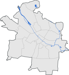 Mapa konturowa Gliwic, blisko centrum na prawo znajduje się punkt z opisem „Politechnika Śląska”