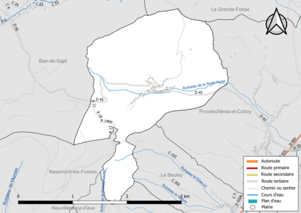 Carte en couleur présentant le réseau hydrographique de la commune