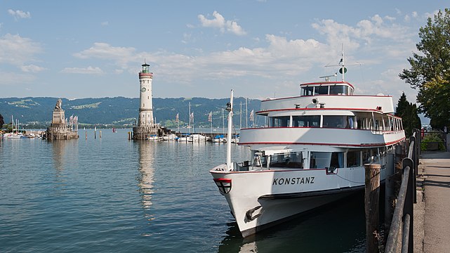 Lindau Harbor with Bavarian Lion, New Lighthouse, MS Konstanz