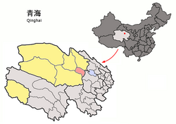 Location of Ulan County (red) within Haixi Prefecture (yellow) and Qinghai