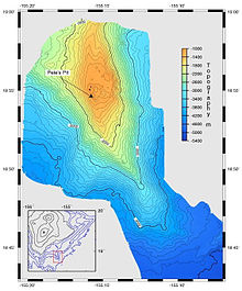 Map of a north–south ridge, trending slightly east of south. Draws lines through areas of a given water depth with an arrow pointing to Pele's Pit. At its peak, Pele's pit is about 1,000 meters below sea level; further south the ridge gradually descends about 3,500 metres to the sea floor.