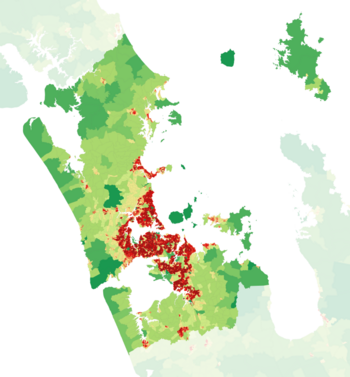 This map of the Auckland Region emphasises areas with the highest residential population density.