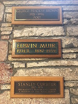 Memorial to George Mackay Brown, Edwin Muir and Stanley Cursiter in Kirkwall Cathedral, Orkney