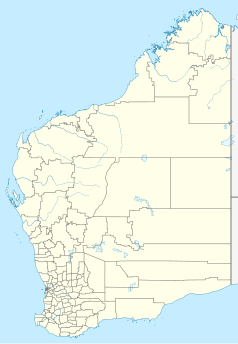 Mapa konturowa Australii Zachodniej, blisko centrum po lewej na dole znajduje się punkt z opisem „Meekatharra”