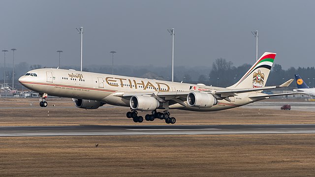 Etihad Airways Airbus A340-541 (reg. A6-EHA) at Munich Airport (IATA: MUC; ICAO: EDDM).