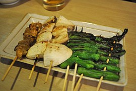 Left to right: Kawa (chicken skin); yamaimo; shishitō