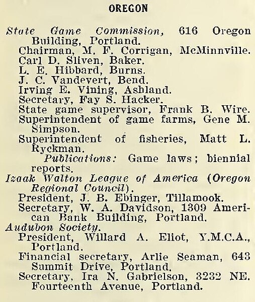 File:"Oregon" section from, Officials and Organizations Concerned with Wildlife Protection, United States Department of Agriculture Miscellaneous Publication 211, October 1934 - (IA officialsorganiz211grim) (page 13 crop).jpg