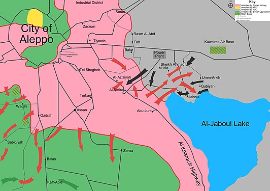 Mapa de l'ofensiva al sud d'Alep cap a l'oest, i ofensiva cap a l'aeroport de Kuweires a l'est, 2015