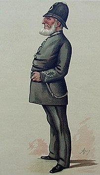 Typisk engelsk polisuniform med hjälm 1884.