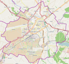 Mapa konturowa Kalisza, blisko centrum na prawo u góry znajduje się ikonka pałacu z opisem „Pałac Komisji Wojewódzkiej Kaliskiej”