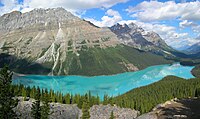 De Peyto Lake vum Banff-Nationalpark aus gesinn