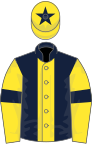 Dark blue, yellow stripe, yellow sleeves, dark blue armlets and star on yellow cap