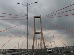 Left-hand traffic on Suramadu Bridge in Indonesia