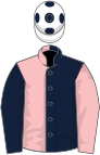 DARK BLUE and PINK HALVED, sleeves reversed, white cap, dark blue spots