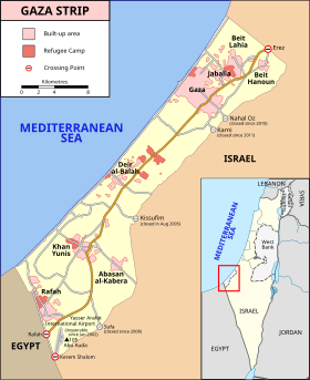 Carte de la bande de Gaza avec la frontière avec l'Israël à l'est.