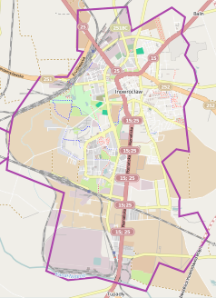 Mapa konturowa Inowrocławia, blisko centrum na dole znajduje się punkt z opisem „Inowrocław Rąbinek”