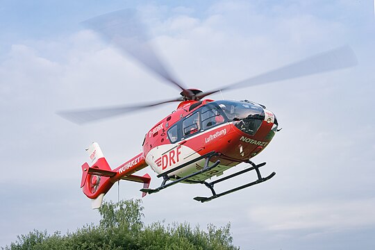 DRF Luftrettung Eurocopter EC135 P2 "Christoph 44" air ambulance helicopter (reg. D-HDRK, s/n 0477) during takeoff in Göttingen, Germany.