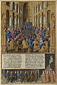 Miniatura na que Sébastien Mamerot, Les passages d'outremer, representa ao papa Urbano II no Concilio de Clermont, mediante unha perspectiva espiña de peixe