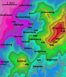 Isohypse (Höchelinie) vum Schimberg un Hohfirscht