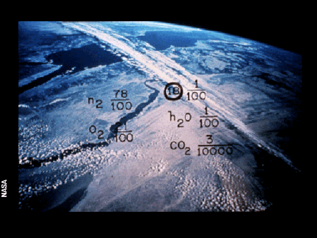 This is a photograph of Egypt, Red Sea, Sinai Peninsula and the Nile from Earth orbit annotated with chemical composition of Earth's atmosphere.