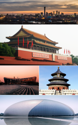 Clockwise from top: Beijing CBD skyline, Tiananmen, Temple of Heaven, National Center for the Performing Arts, and Beijing National Stadium