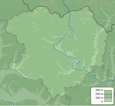 Mapa konturowa obwodu charkowskiego, blisko górnej krawiędzi znajduje się punkt z opisem „źródło”, natomiast u góry znajduje się punkt z opisem „ujście”