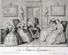 Gravure. Un homme assis pérore entouré de femmes assises.