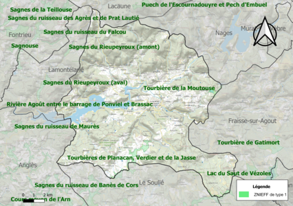 Carte des ZNIEFF de type 1 sur la commune.