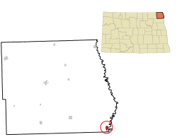 Lage von Drayton im Pembina County (links) und in North Dakota (rechts)