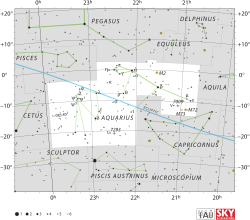 Diagram showing star positions and boundaries of the Aquarius constellation and its surroundings